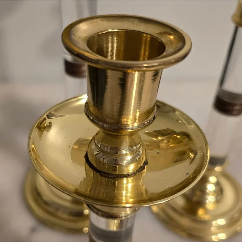 Ethan Allen Vintage MCM Brass & Lucite Candlestick Holders Set of 3